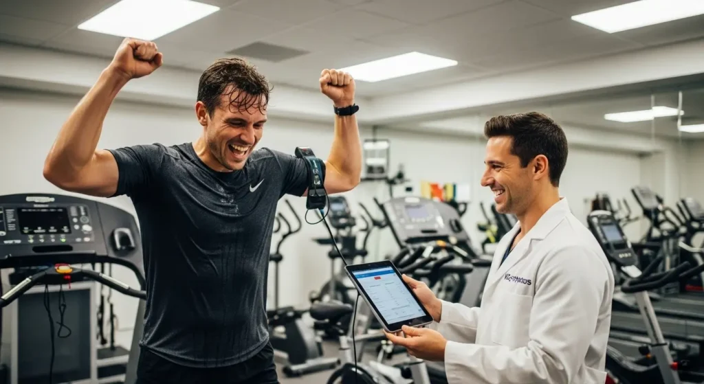 Athlete celebrating successful VO2 Max test results with performance specialist