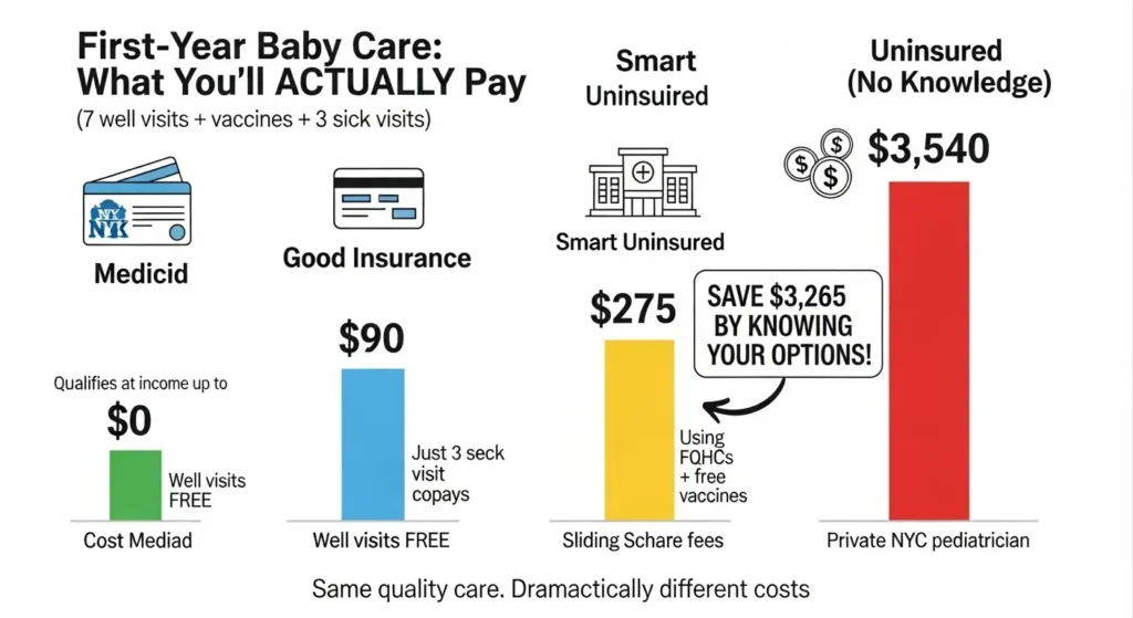 Bar chart comparing first-year baby care costs $0 with Medicaid, $90 with insurance, $275 using community health centers, versus $3,540 at private NYC pediatrician