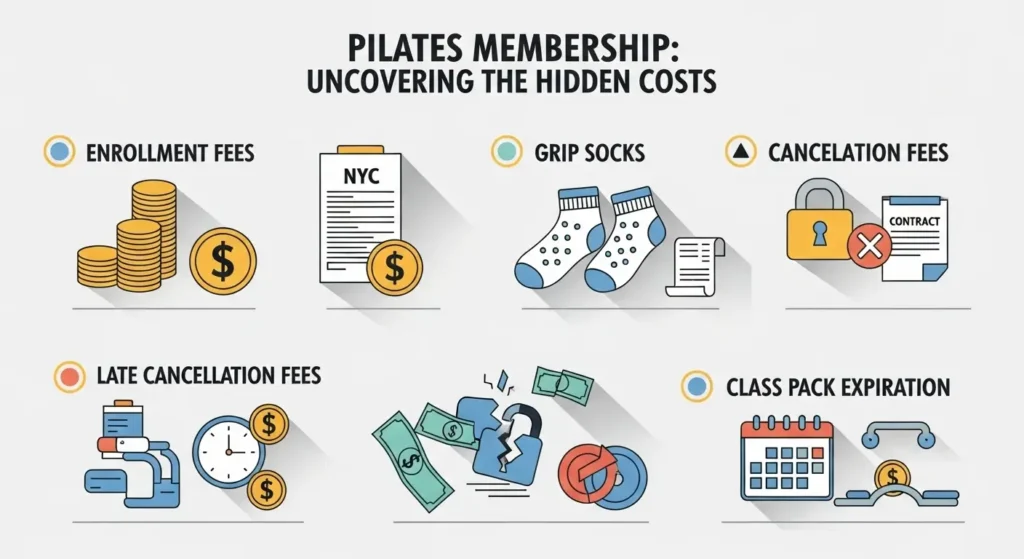 Club Pilates NYC hidden fees and additional costs breakdown infographic