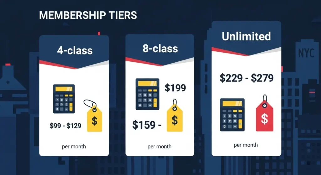 Club Pilates NYC membership pricing tiers comparison chart showing monthly costs