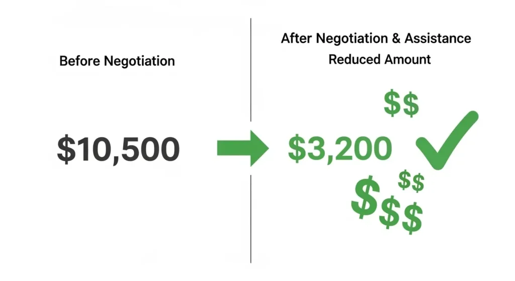 Comparison showing emergency room bill reduction through financial assistance and negotiation