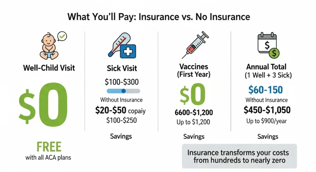 Cost comparison chart showing pediatrician visits with insurance ($0-50 per visit) versus without insurance ($100-300 per visit)