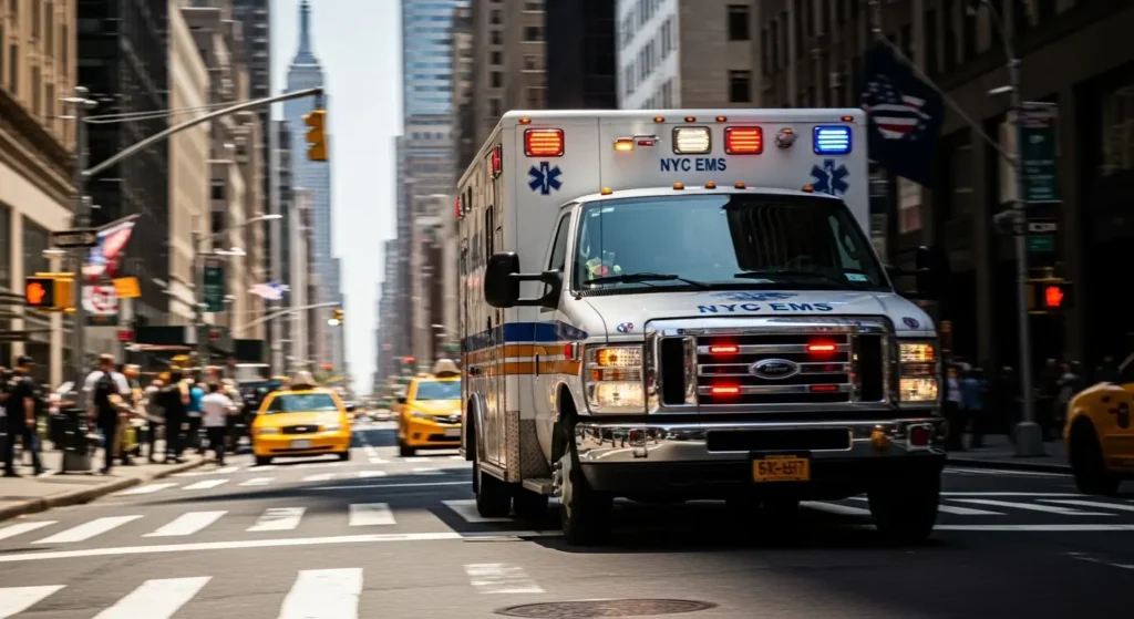 Emergency ambulance responding to call on New York City street