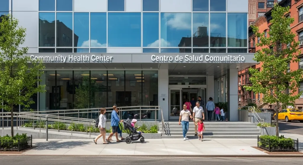 Families entering community health center in New York offering affordable pediatric care