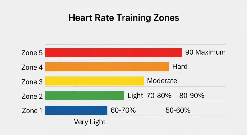 Heart rate training zones chart from Zone 1 recovery to Zone 5 maximum effort