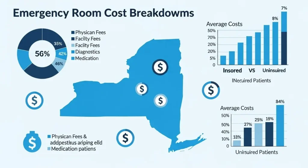 Infographic comparing emergency room costs in New York with and without insurance