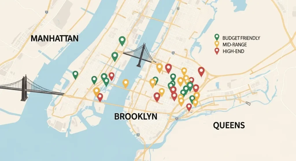 Map of Club Pilates locations across NYC neighborhoods in Manhattan, Brooklyn and Queens
