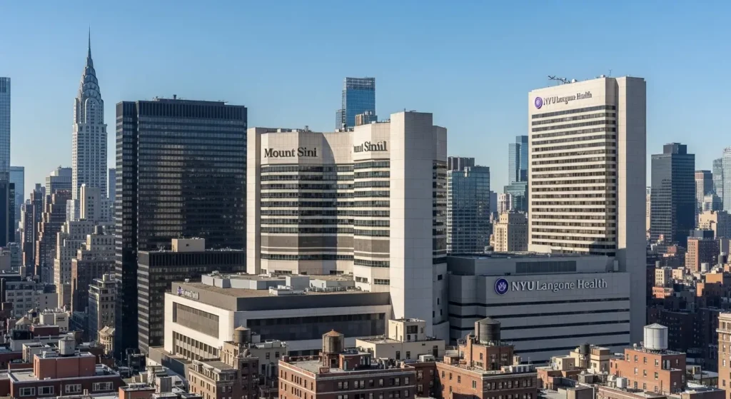 New York City skyline featuring major hospital buildings and medical centers