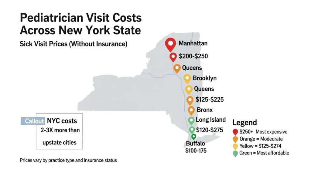 New York State map showing pediatrician visit costs by region, with Manhattan highest at $200-350 and upstate cities lowest at $100-200