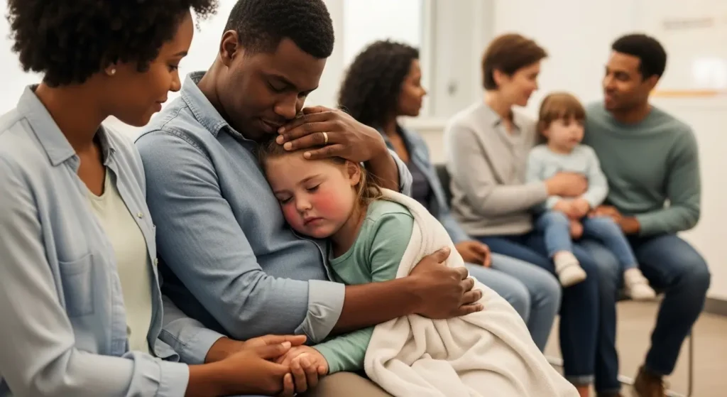Parent comforting child while waiting for emergency medical care