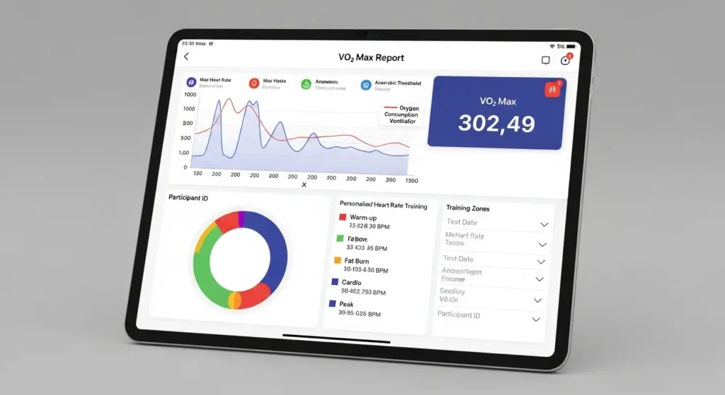 Sample VO2 Max test results report showing biomarkers and training zones