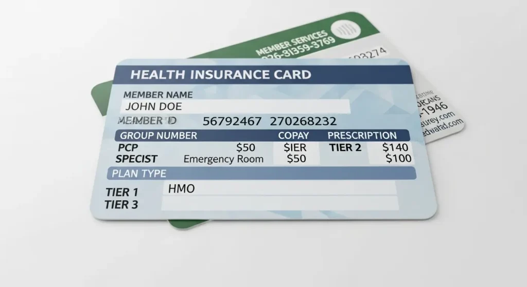 Sample health insurance card showing important information for emergency room visits