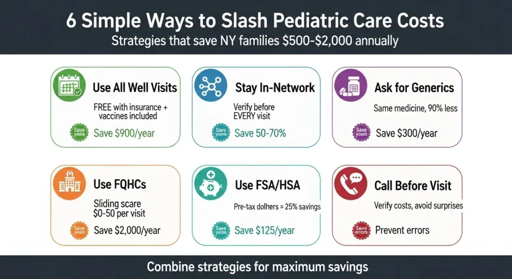 Six money-saving tips for pediatric care in New York use well visits, stay in-network, request generics, use community health centers, use FSAHSA, and verify costs before visits
