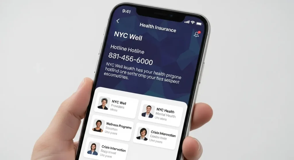 Smartphone showing healthcare resources and hotline numbers for New York residents