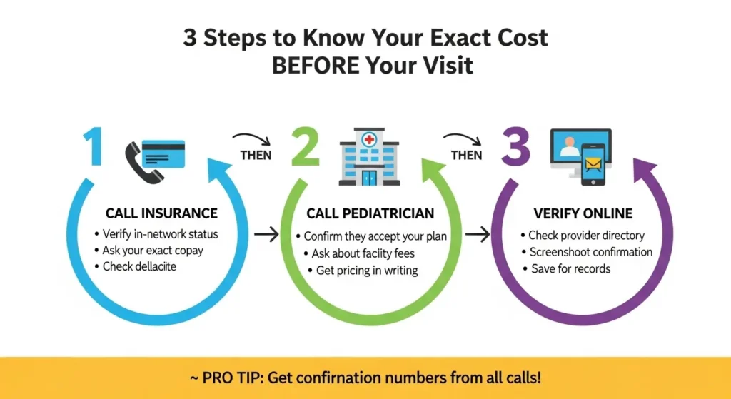 Three-step process infographic showing how to verify pediatrician costs call insurance, call pediatrician, verify online