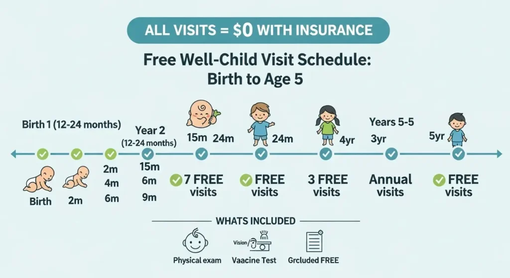 Well-child visit timeline showing recommended schedule from birth to age 5, with 7 visits in first year, all free with insurance