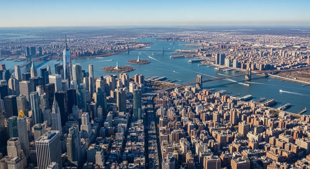 Aerial view of New York City boroughs showing geographic cost variations