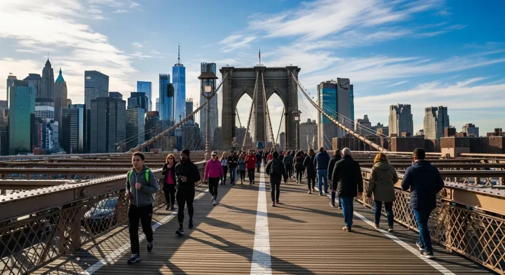 Brooklyn Bridge pedestrian walkway showing free NYC entertainment and activities