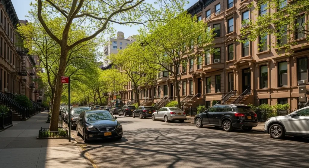 Brooklyn residential street with brownstone apartments showing neighborhood living costs