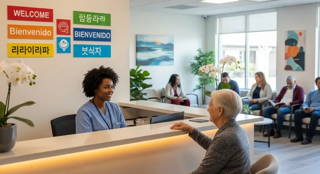 Community health center reception desk serving diverse New York City patients