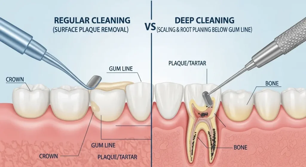 Comparison between regular dental cleaning and deep cleaning below the gum line