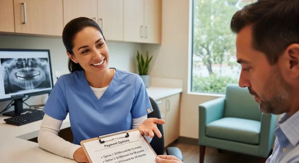 Dentist explaining payment plans for teeth deep cleaning treatment