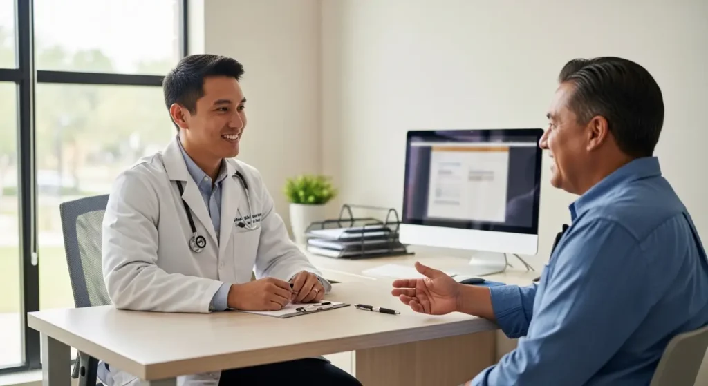 Doctor consulting with patient during primary care office visit in New York City