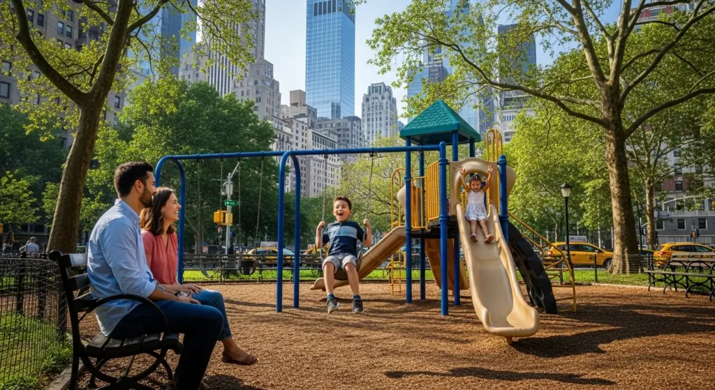 Family with children in NYC park illustrating childcare and family living costs