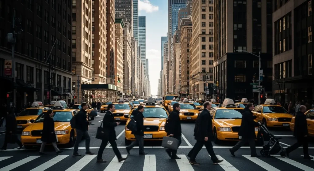 Manhattan street scene showing premium cost of living in NYC downtown areas