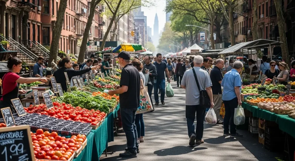 NYC farmers market showing money-saving grocery shopping alternatives and fresh produce