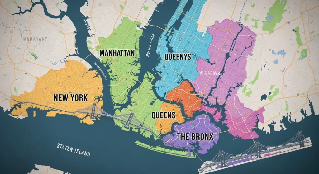 NYC five boroughs map comparing cost of living across Manhattan, Brooklyn, Queens, Bronx, and Staten Island