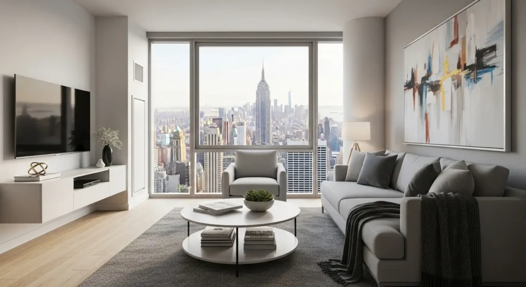 NYC one-bedroom apartment interior showing typical living space and housing costs