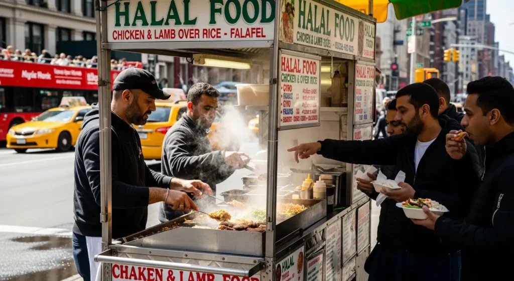 NYC street food cart showing affordable dining options and quick meal costs