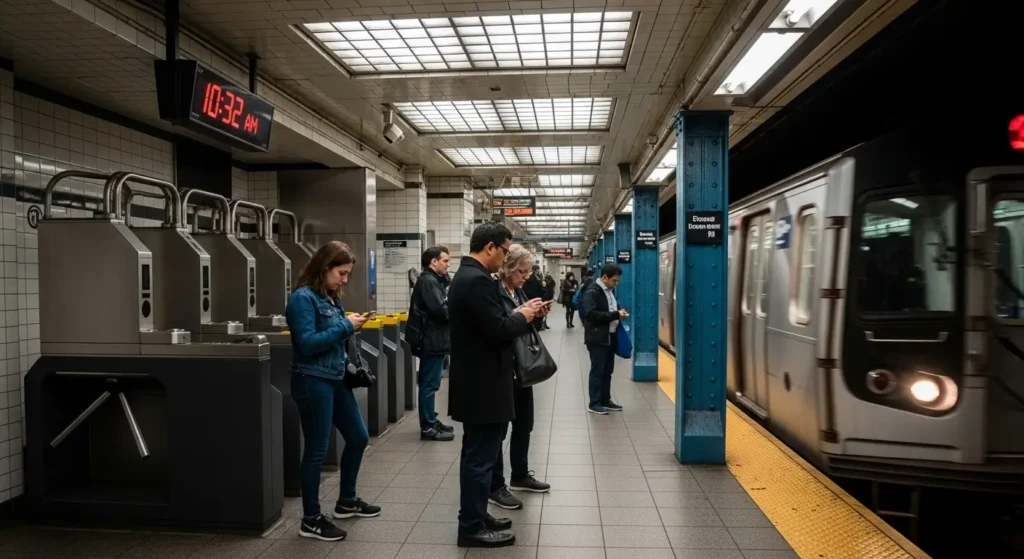 NYC subway station platform showing public transportation options and commute costs