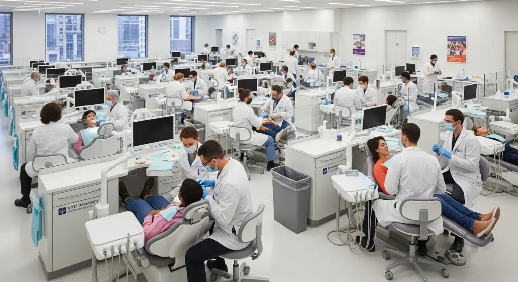 NYU College of Dentistry clinic showing affordable teeth cleaning services with student dentists and faculty supervision