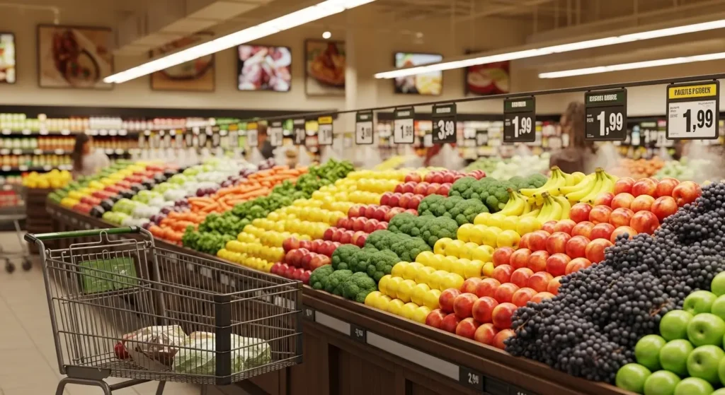 New York grocery store produce section showing food shopping costs and prices