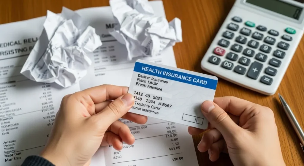 Patient reviewing health insurance card and medical bill with calculator