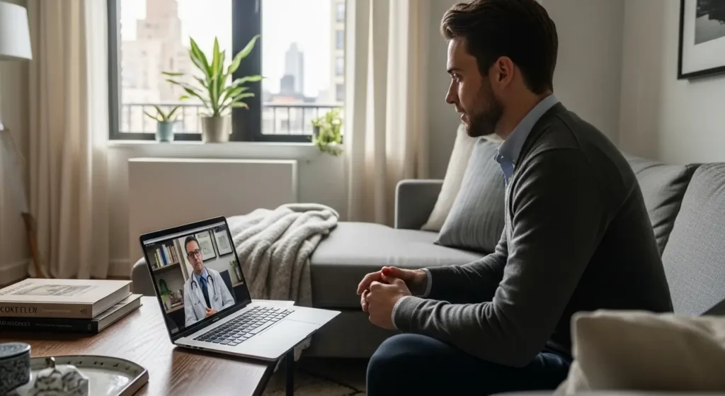 Patient using telemedicine for affordable urgent care consultation from home