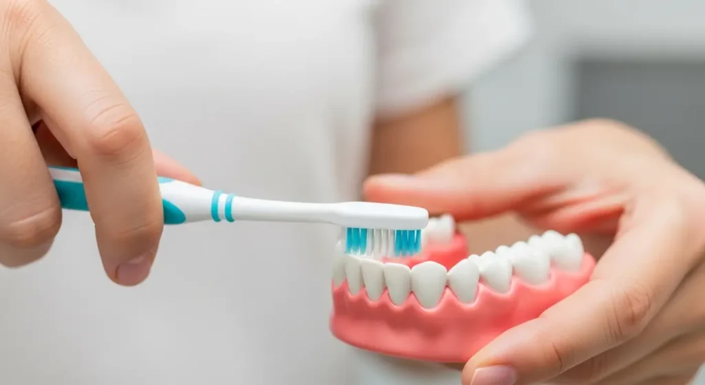 Proper teeth brushing technique demonstration to maintain oral health between professional cleanings in NYC