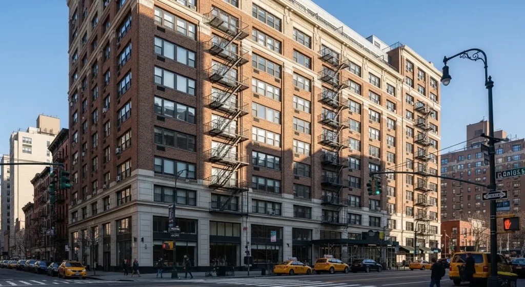 Typical New York City apartment building exterior showing rental housing options