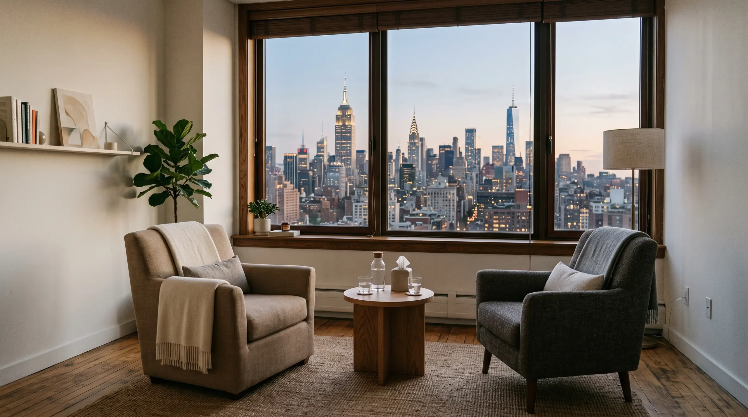 Cost of Couples Therapy in New York — empty armchairs in a therapist's office with NYC skyline view Cost of Couples Therapy in New York — empty armchairs in a therapist's office with NYC skyline view