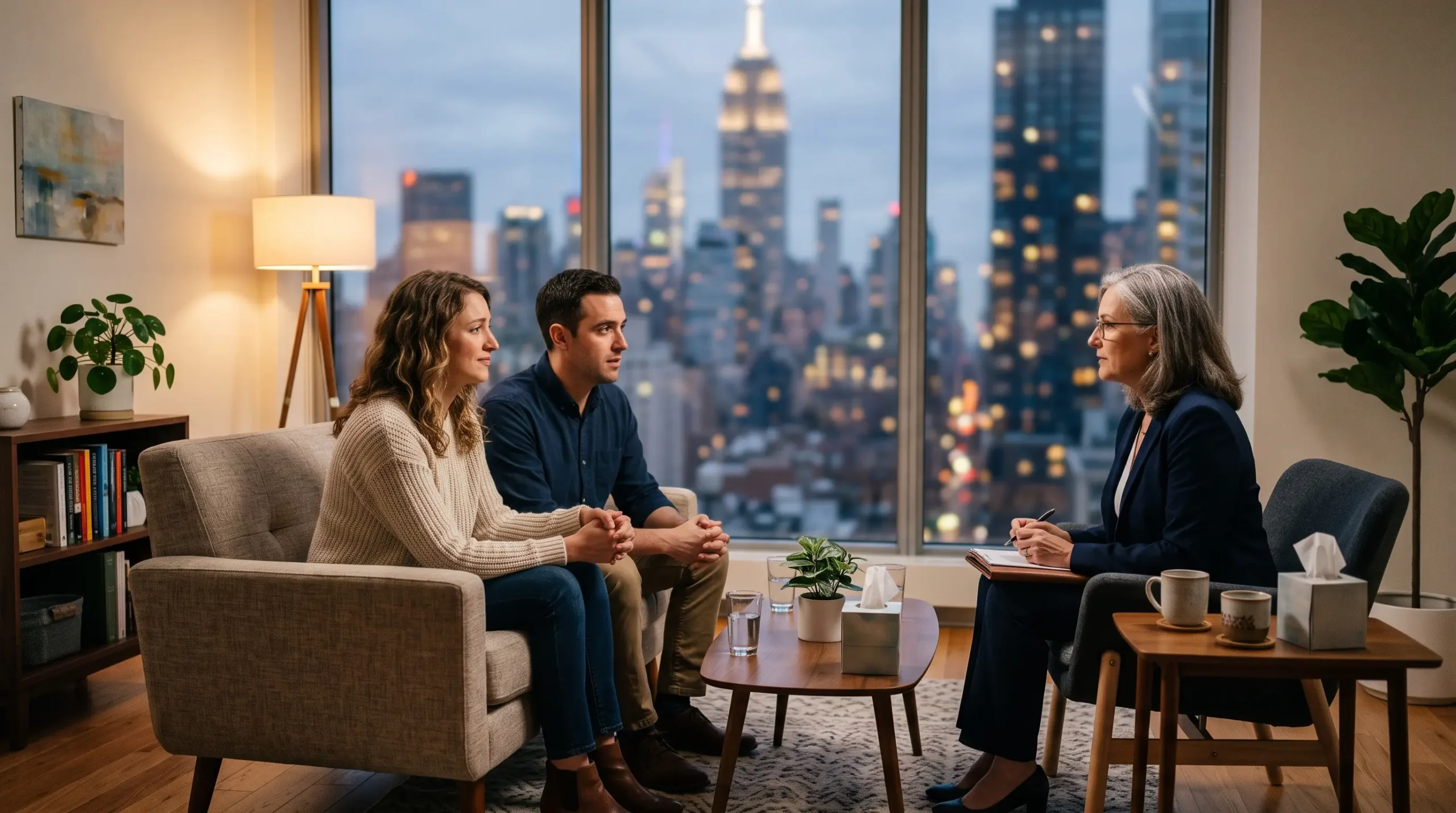 Marriage counseling cost per hour in New York — couple in therapy session with NYC skyline view Marriage counseling cost per hour in New York — couple in therapy session with NYC skyline view