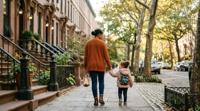 Nanny walking with a toddler on a brownstone street, illustrating nanny cost in NYC